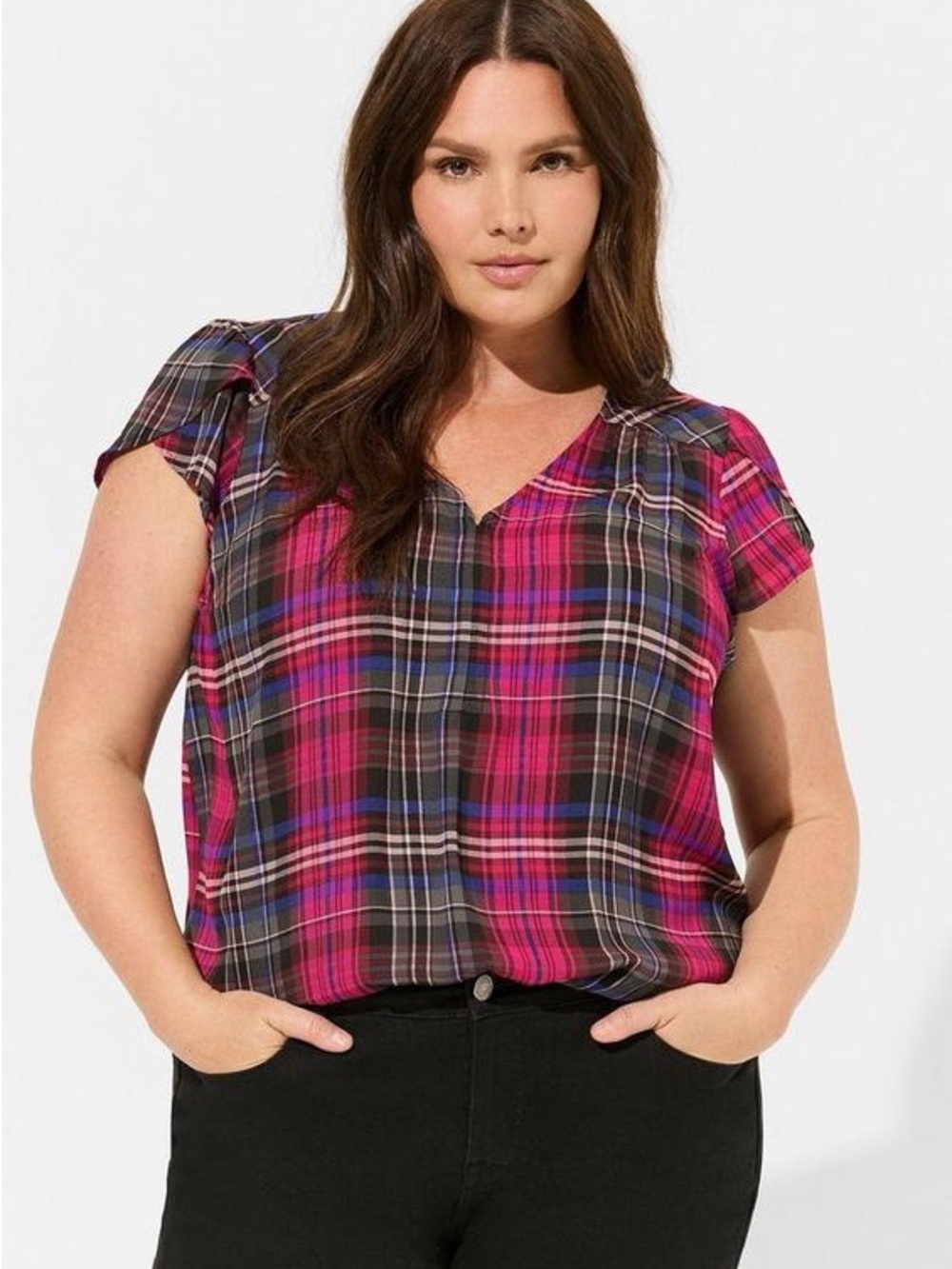 torrid Harper Pink Black Plaid V-Neck Short Sleeve Blouse